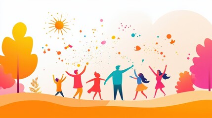 Joyful Celebration of Togetherness and Happiness in a Vibrant, Colorful Community with Cheerful People Engaging in Fun Activities under a Sunny Sky