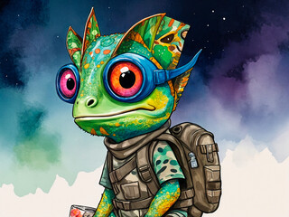 Obraz premium funny caricature, chameleon animal caricature, juvenile exotic male, colorful scales, curvy tail, big cartoonish head, exaggerated caricature features, wearing camo bandana, stealt - generated by ai