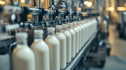 Fototapeta premium Milk factory. Robotic factory line for processing and bottling of milk