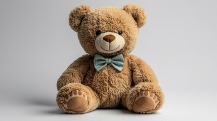 Obraz premium Adorable plush teddy bear with blue bow tie on white background