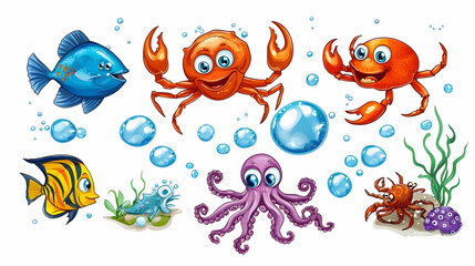 Fototapeta premium Cartoon sea creatures ocean background underwater kids illustration