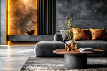 Dark Tone Minimalist art deco loft interior design of modern living room