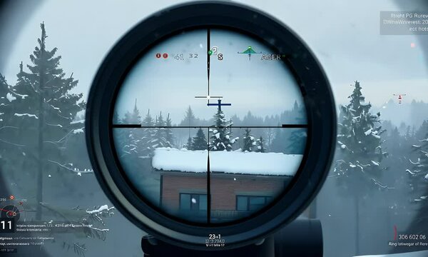 Sniper Scope View: Winter Warfare in Snowy Forest