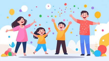 Fototapeta premium Joyful Family Celebrating Together with Balloons and Confetti in a Colorful Outdoor Setting, Expressing Happiness and Togetherness in a Vibrant Scene