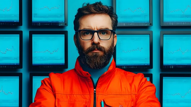 Insightful Analyst Commands Data in a High-Tech Dark-Themed Center with Vibrant Screen Background. In-dept Analysis and Valuable Insights from Industry Experts