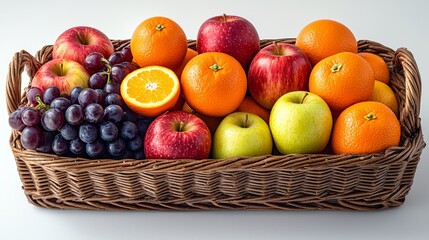 Vibrant fruit basket with apples, oranges, and grapes