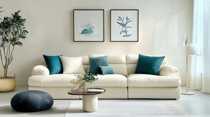 Fototapeta premium White sofa with teal pillows stucco wall Minimalist interior design living room