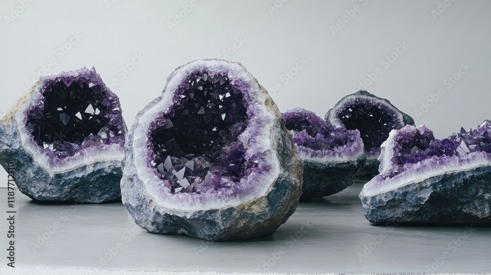 Poster amethyst geodes displayed on a smooth surface in a minimalist setting