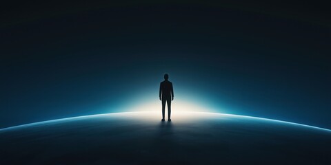 A solitary figure stands on the edge of a planet, representing the vastness of human potential and the journey into the unknown with a cosmic backdrop illuminating hope.