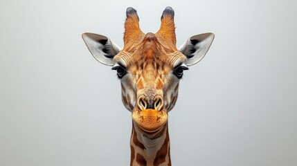 Close-up portrait of a giraffe against a neutral background