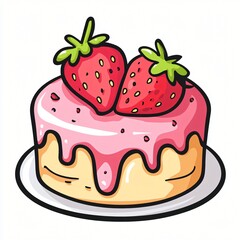 Delicious Strawberry Cake with Pink Icing Cartoon Illustration Sweet Dessert Treat