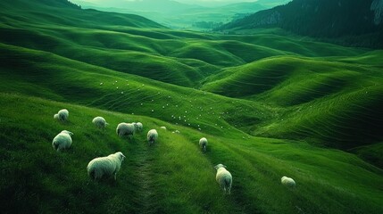 Sheep Grazing on Green Hills at Sunrise - Tranquil Rural Landscape