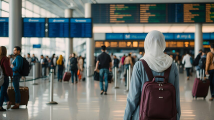 Woman traveler with hijab in an airport terminal