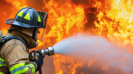 Obraz premium Man using fire extinguisher fighting fire closeup photo 