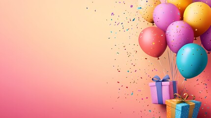 Bright and colorful birthday card design with balloons, gifts, and blank space for text, perfect for kids' celebrations and party invitations.