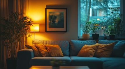 Cozy Living Room with Warm Lighting and Indoor Plants for Home Decor
