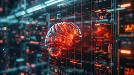 Obraz premium Cybernetic brain interface showing decreasing neural activity, illustrating depression in a high tech medical lab