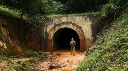 Soldier Entering Dark Tunnel In Lush Forest