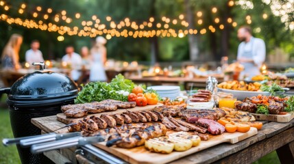 Obraz premium Outdoor barbecuing event with grilled meats, vegetables, and festive lights in a serene garden setting