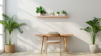 Workspace desk interior with mockup white wall