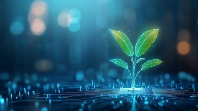 Digital greenery emerging from circuitry symbolizing tech and nature fusion