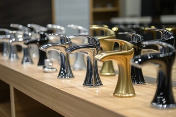 Sleek modern faucets in chrome, gold, and black on display. Showcases various finishes for bathroom or kitchen renovations.