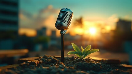 Microphone Capturing Sunset Ambiance in Urban Rooftop Garden