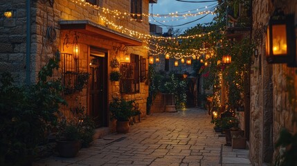 Fototapeta premium Cozy Evening with Fairy Lights in a Stone Alleyway