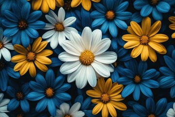 Fototapeta premium Blue, white, and yellow daisies densely packed. Ideal for spring, summer, or floral themes; greeting cards, blogs, websites.