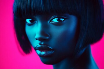 Fototapeta premium Commercial promotion idea. Short hairdo - multicolored hair. Gorgeous calm black girl - for ads, marketing material and digital use. Black girl campaign. African american portrait.