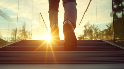 Close up businessman walking up on stairs into a office. Ambitions concept. Steps forward into a success.