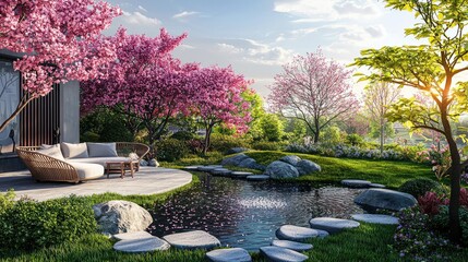 Fototapeta premium Serene Garden Landscape with Cherry Blossom Trees and Tranquil Pond
