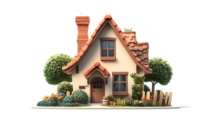 Charming cartoon cottage with garden, chimney, and trees, isolated on white background.