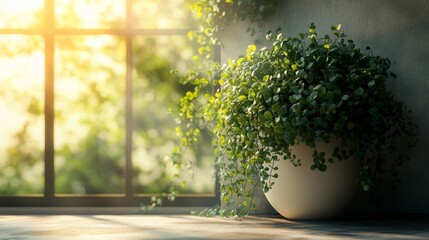 Obraz premium Modern interior decor with a hanging plant on a standing floor light, blending greenery and minimalistic design for a cozy and stylish home environment.