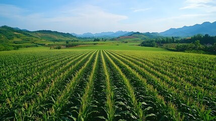 Fototapeta premium Lush Green Cornfield Extending Towards Distant Mountains