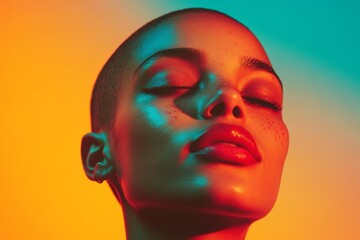 Attractive happy mixed-race girl - for ads, poster and social media use. Short hairdo - bald head - no hair. Commercial digital ads idea. Black concept ad. Advertising model concept.