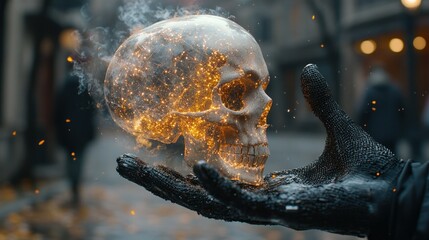 Obraz premium Mysterious Glowing Skull in Hand on Enigmatic City Street