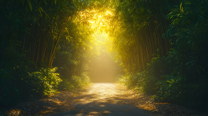 Obraz premium 3D Illustration Golden Sunlight Path Through Lush Bamboo Forest
