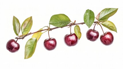 Fresh Cherry Branch with Vibrant Green Leaves on White Background