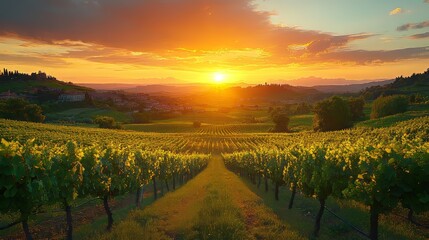 Naklejka premium Sunset over lush vineyard landscape with vibrant sky and rolling hills