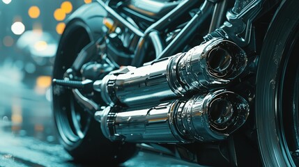 Fototapeta premium Close-Up of Motorcycle Exhaust Pipes in Urban Night Setting