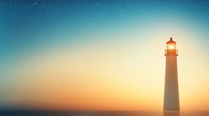 Tranquil lighthouse at dawn under starry sky by calm sea © Atmospheric stock
