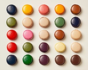 Obraz premium Colorful macarons arranged in a grid pattern on a white background.