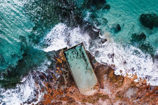 Drone point of view of ocean pool on the coast, Sydney, Australia