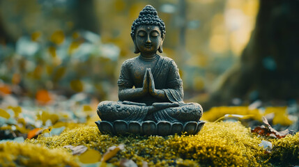 Photo Serene Buddha Statue Meditation Harmony Nature Spiritual Peace Mindfulness Zen Tranquility Relaxation Forest Moss