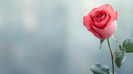 Fototapeta premium Vibrant pink rose bloom against soft blue background