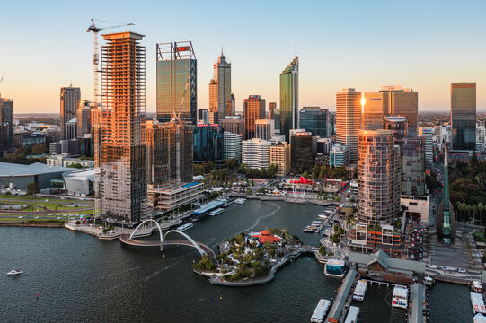 Aerial view of Elizabeth Quay at sunset, Perth, Australia