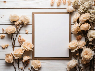 Dried flowers encircle a blank paper on a rustic background.