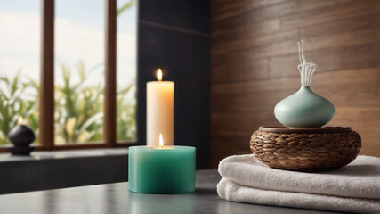 Spa-like setting with candles, a diffuser, and rolled towels. Serene and relaxing atmosphere.