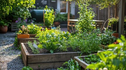 Lush Vegetable Garden with Raised Beds and Vibrant Green Foliage